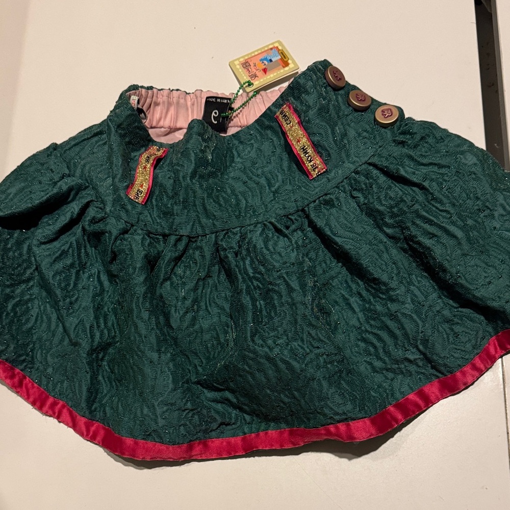Save The Queen Textured Green Skirt with Pink and Gold Details